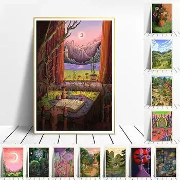 Скандинавский мультфильм, абстрактный туристический плакат, забавный психоделический пейзаж, картина маслом 21cm30cm NoFrame