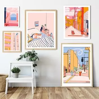 Скандинавский мультфильм Кот Холст Картина Скандинавский постер Аниме Летний уличный пейзаж Печать Цветная настенная живопись Картина Детская комната Декор 21x30cm No Framed