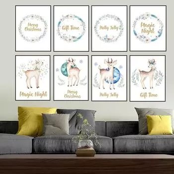 Скандинавский мультфильм животное олень с Рождеством английский детская комната декоративная живопись на окно Современная картина на холсте маслом 21*30cm