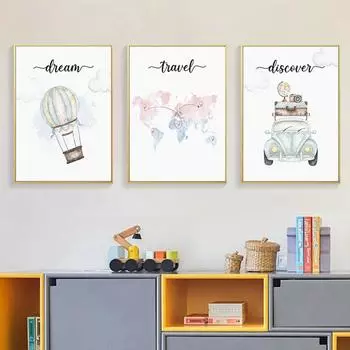 Скандинавский мультяшный настенный художественный холст, постер с картой мира, воздушный шар с изображением животных, дорожный принт, живопись, скандинавский детский декор для спальни, картина 21cm30cm NoFrame