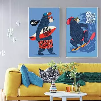 Скандинавский мультяшный серфинговый медведь, декоративная живопись, подвесные картины для детского сада, фрески для детской комнаты, холст, настенное искусство, детская комната 21*30cm