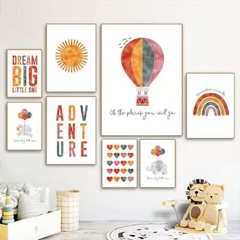 Скандинавский мультяшный воздушный шар, настенная живопись на холсте, Солнце, Радуга, принты животных, детские цитаты, плакат, фотографии, декор для детской комнаты 21cm30cm NoFrame
