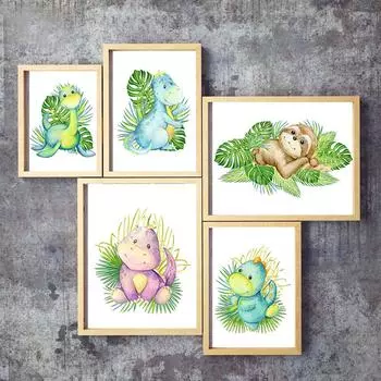 Скандинавский мультяшный животный художественный постер с динозавром, ленивцем, холст, картина, картина для детской комнаты, Настенный декор, тропические растения, домашний декор 21cm30cm NoFrame