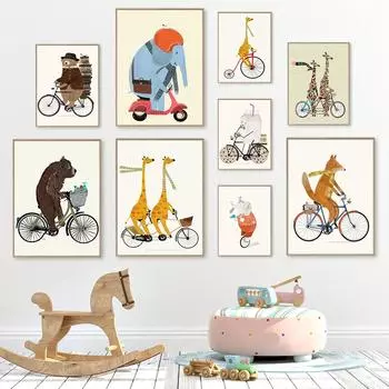 Скандинавский мультяшный животный принт, холст, картина, велосипед Уилер, жираф, слон, лиса, постер, детская комната, настенный художественный декор, фотографии (с рамкой) 15*20cm(with frame)