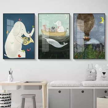 Скандинавский мультяшный животный рисунок, медведь, слон, медведь, постер, детская комната, детский сад, декоративный принт, настенная живопись на холсте 21*30cm