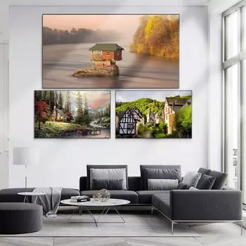 Скандинавский пейзаж, картина маслом домик в лесу, искусство, холст, картина для гостиной, коридора, офиса, украшения дома, фреска без рамки 20*40cm