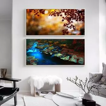 Скандинавский пейзаж, картина маслом, красочный лес, река, искусство, холст, картина для гостиной, коридора, офиса, украшения дома, фреска без рамки 20*40cm