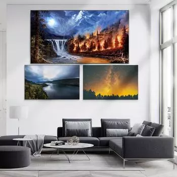 Скандинавский пейзаж, картина маслом, огонь, лес, искусство, холст, картина для гостиной, коридора, офиса, украшения дома, фреска без рамки 20*40cm