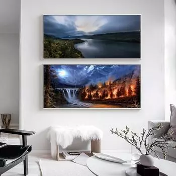 Скандинавский пейзаж, картина маслом, огонь, лес, искусство, холст, картина для гостиной, коридора, офиса, украшения дома, фреска без рамки 20*40cm No Frame