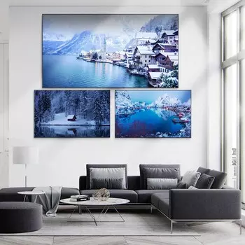 Скандинавский пейзаж, картина маслом, снежная гора, на берегу озера, город, искусство, холст, картина для гостиной, коридора, офиса, украшение дома, фреска без рамки 20*40cm