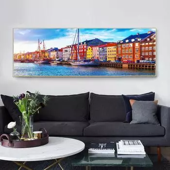 Скандинавский пейзаж, красочные здания и лодки, холст, живопись, современные постеры и принты, настенные художественные фотографии, домашний декор, без рамки 20*40cm