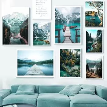 Скандинавский пейзаж, печать на холсте, настенная живопись, лес, небо, озеро, лодка, снежная гора, скандинавский современный постер, украшение, изображение 21x30cm No Framed