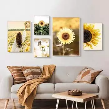 Скандинавский пейзаж, поле, девушка, подсолнух, дерево, цветок, бабочка, принт, постер, холст, живопись, настенные художественные фотографии для декора гостиной 21X30cm No Frame