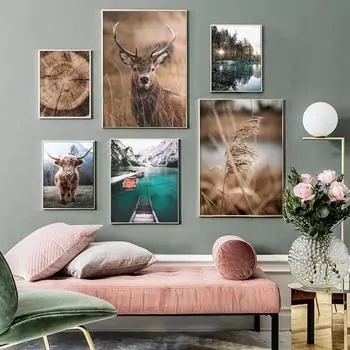 Скандинавский пейзаж восход солнца пятнистый олень настенная живопись холст скандинавские постеры и напечатанные настенные картины для декора гостиной без рамки 21*30cm No Frame