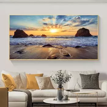 Скандинавский песчаный пляж, скалы, закат, побережье океана, холст, картина, пейзажные постеры и принты, настенные художественные фотографии, домашний декор, без рамки 20cm40cm NoFrame