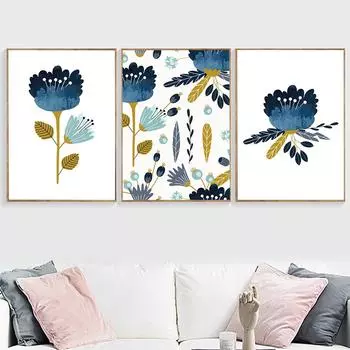 Скандинавский плакат с абстрактным весенним цветком, сине-желтый холст, картина 21cm30cm NoFrame