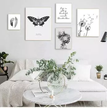 Скандинавский постер, черно-белые фотографии, картины с перьями, бабочка, художественный принт, абстрактные постеры и принты, декор для гостиной, без рамки 21*30cm