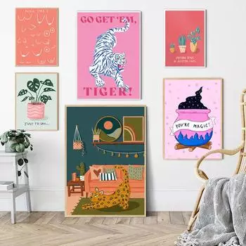 Скандинавский постер для дома, милые растения, холст, настенная живопись, принты, йога, кошка, тигр, сиськи, картинки для гостиной, настенный декор для дома 21x30cm No Framed
