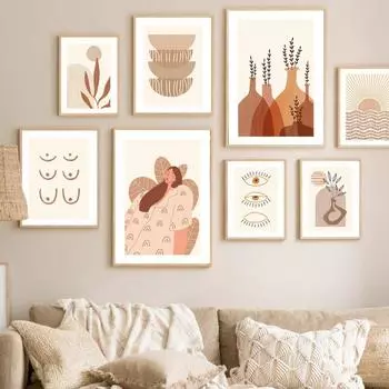 Скандинавский постер, картина, линия, геометрия, солнце, абстрактная бамбуковая ваза с листьями, настенные художественные принты для девочек, Декор на холсте, фотографии для гостиной 21*30cm