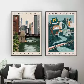 Скандинавский постер Путешествие Город Современный городской пейзаж Настенная живопись Чикаго Энн-Арбор Мичиган Пейзаж Холст Картина Настенная картина Домашний декор Без рамки 21*30cm No Frame