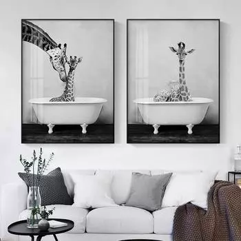 Скандинавский постер с изображением детского животного в ванной, панда, жираф, слон, лев, холст, картина, настенное искусство для ванной комнаты, декор для детской комнаты Quadro 21cm30cm NoFrame