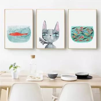 Скандинавский постер с котом, рыбой, мультяшным животным принтом, настенная живопись на холсте, современные минималистичные настенные панно для гостиной, домашний декор 21x30cm No Frame