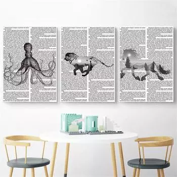 Скандинавский постер с жирафом, черно-белый настенный художественный лев, лошадь, пейзаж, газета, осьминог, современный минималистичный декор для гостиной 21cm30cm NoFrame