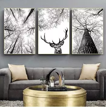 Скандинавский принт с изображением дерева, охотничьи плакаты, рога оленя, настенное искусство, лесное дерево, минималистичный холст, картина, украшение для дома, комнаты, без рамки 21*30cm