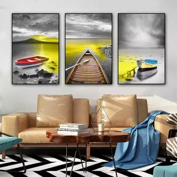 Скандинавский природный пейзаж, настенный художественный постер, скандинавское золото, горное озеро, лодка, печать на холсте, картина, современный домашний декор 20x30cm