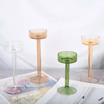 Скандинавский ретро минималистский креативный красочный прозрачный стеклянный подсвечник на высокой ножке для домашнего домашнего уюта креативное украшение для ужина при свечах зелёный