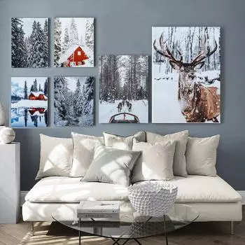 Скандинавский Рождественский Снежный Лось, лес, зимний пейзаж, постеры и принты, настенная живопись на холсте, печать, фотографии, домашний декор для комнаты 21X30cm No Frame