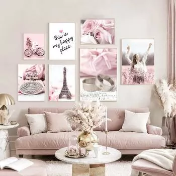 Скандинавский розовый цветок Парижская башня Роза девушка кольцо велосипед плакат и принты настенная живопись на холсте настенная картина для декора гостиной 21X30cm No Frame