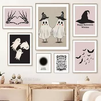 Скандинавский Розовый Хэллоуин Ведьма Готический Призрачный Скелет Настенная Живопись Холст Плакаты и Печать Настенная Картина Для Декора Гостиной 21x30cm No Framed
