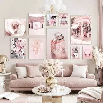 Скандинавский розовый винтажный автомобильный парфюм, цветок, тростниковая дверь, настенная живопись на холсте, постеры и принты, настенные панно для декора гостиной 21X30cm No Frame