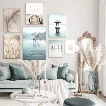 Скандинавский синий абстрактный художественный настенный принт, картина с травой, мост, озеро, пейзаж, холст, постер, скандинавская картина, современный домашний декор A4 21x30cm No Frame