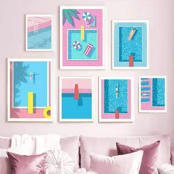 Скандинавский синий плавательный бассейн, вечерние, художественный плакат с принтом, женский отдых, отдых, дайвинг, холст, картина, фреска, ванная комната, домашний декор 21x30cm No Framed