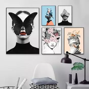 Скандинавский современный цветочный бабочка для женщины, абстрактный модный стиль, холст, живопись, художественный принт, плакат, картина, настенная гостиная, домашний декор 21cm30cm NoFrame