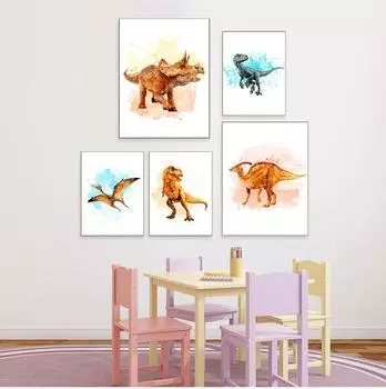 Скандинавский стиль, акварель, арт-деко, животное, тираннозавр, динозавр, плакат, настенная роспись для украшения детской комнаты, холст, картина без рамки 21*30cm