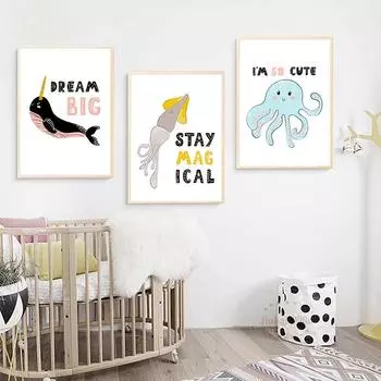 Скандинавский стиль Кит Осьминог Холст Картина Морские животные Плакаты и принты для детей Спальня Настенное искусство Домашняя декоративная картина 21cm30cm NoFrame