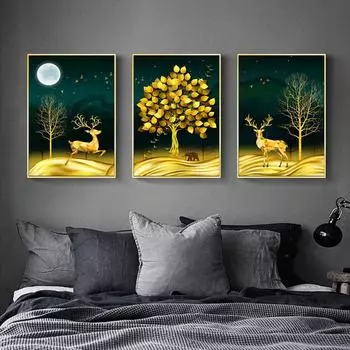 Скандинавский стиль, лес, золотое дерево и олень, животные, холст, картины, настенные художественные постеры и принты для гостиной, домашний декор 21cm30cm NoFrame