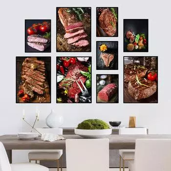 Скандинавский стиль печатный постер с говяжьим стейком и фруктами, настенное искусство, вкусная еда, холст, картина, модульная картина для декора кухни HD0132 21x30cm no frame