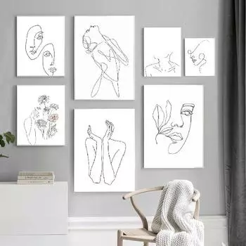 Скандинавский стиль с принтом, скандинавский цветок, настенная живопись, линия, рисунок лица, холст, плакат, Декор, фотографии, минималистское украшение для дома A4 21x30cm No Frame