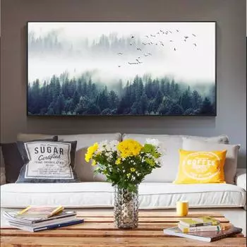 Скандинавский стиль, туманный пейзаж, холст, картины, настенные постеры и принты, глубокий лес, летящая птица, настенные картины, домашний декор, фон, украшение на стену 20x40cm белый