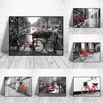 Скандинавский уличный пейзаж ретро-искусство холст картина красный велосипед постер офис настенная живопись гостиная украшение дома фреска без рамки 21*30cm No Frame