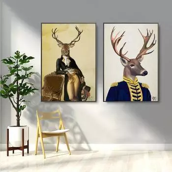 Скандинавский винтажный джентльмен, абстрактный олень, холст, картина, постеры с животными и принты, настенные художественные картинки для украшения гостиной, без рамки 21*30cm