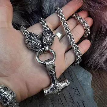 Скандинавский винтажный мужской кулон из нержавеющей стали 316L, голова волка викингов, молот Тора, мьельнир, ожерелье, мужской амулет викингов, ювелирное изделие, подарок серебряный