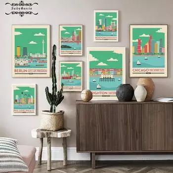 Скандинавский винтажный постер с героями мультфильмов, путешествия, города, Чикаго, Берлин, Бостон, Великобритания, пейзаж, Шанхай, настенная живопись на холсте, домашний декор 21*30cm