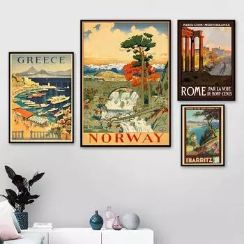 Скандинавский винтажный туристический постер Рим, Греция, французский пейзаж, холст, картина, городской пейзаж, настенная картина для гостиной, домашний декор 21*30cm
