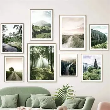 Скандинавский зеленый лес, луга, озеро, пейзаж, постер, долина, тропа, лодка, настенная живопись на холсте, картины для гостиной, домашний декор 21x30cm No Framed