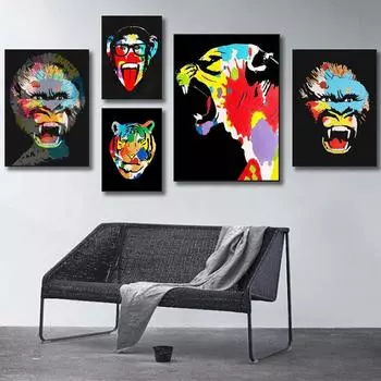 Скандинавское граффити искусство животное холст картина обезьяна тигр голова орангутана постер офис гостиная коридор украшение дома фреска без рамки 21*30cm No Frame